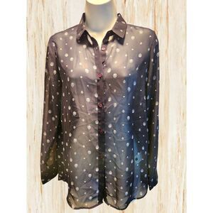 Gothic Print Skull Hearts Sheer Button Up Small Blouse Navy Blue Tate Whimsical